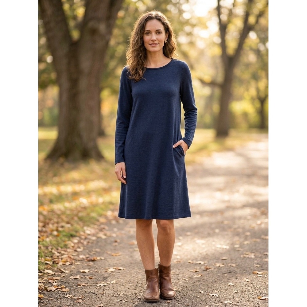 Wool& Rowena Swing Dress Navy Blue Merino Wool Long Sleeve Midi Pockets M-Long